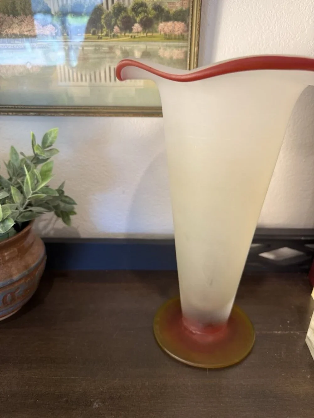 Vintage Mid-Century Art Glass Handkerchief Vase – Frosted White Red Amber – 11”